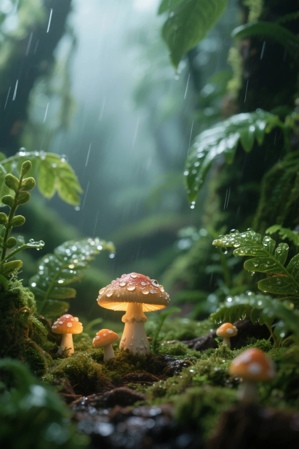 Girl holding a mushroom dancing in the rain in the forest, 8k, epic realistic, ultra detail, full body view