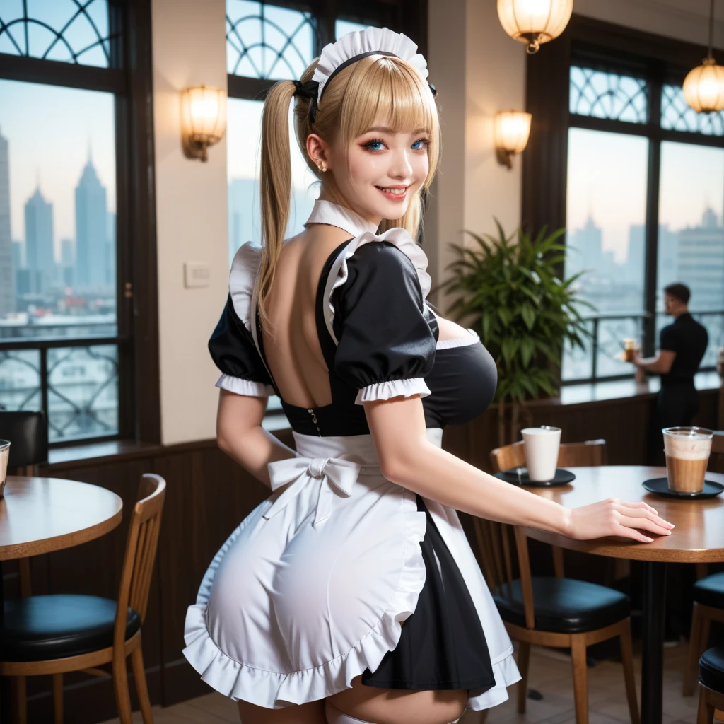 1girl, (17 years old), super straight long dazzling shiny bright blonde hair, long silky bangs, Shining pale light blue eyes, (smiling broadly:1.2), (huge breasts:1.8), (ass), ((playboy bunny, pantyhose, bunny ears, highleg, highleg leotard, black leotard, leotard, cuff links)), at casino, she have a tray with some cocktails on it