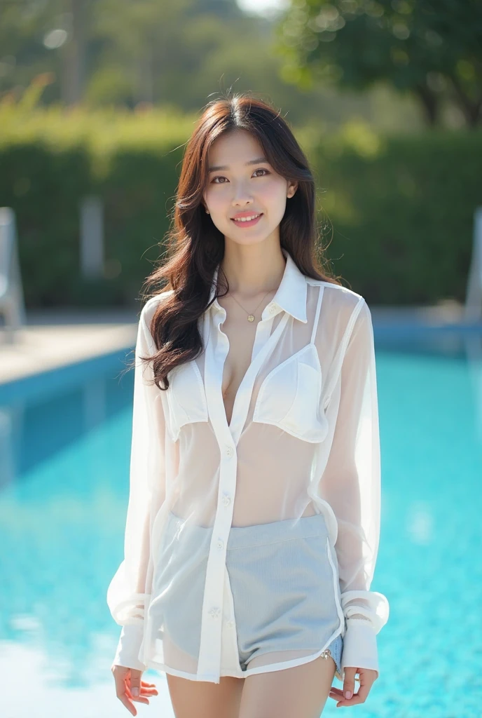 (yinchuan:1.5),, masterpiece, top-quality, Raw foto, Photorealsitic, huge-breasted、beautiful and flawless face, Soft smile、20 years girl、vacation、Sheer white t-shirt over swimsuit、swimming pools、depth of fields, hight resolution, ultra-detailliert, finely detail, ighly detailed, extremely detailed eye and face, Sharp pupils,clean legs、