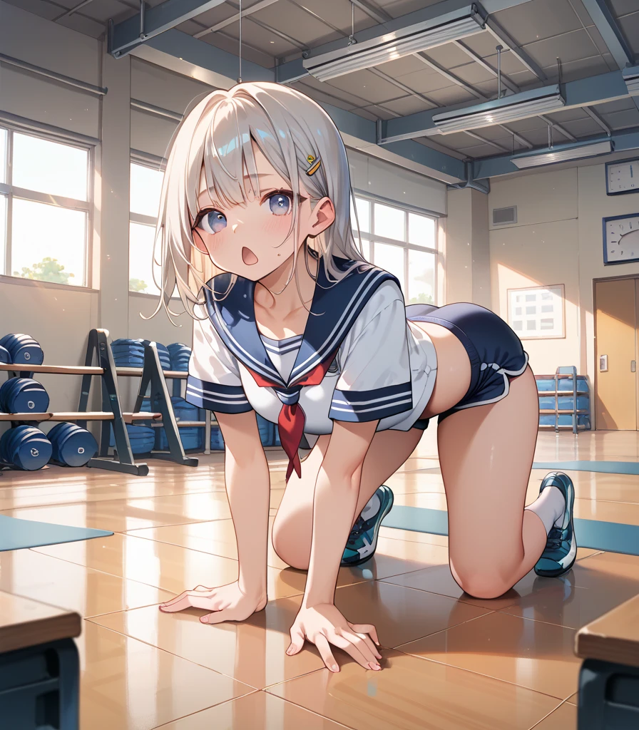 ((Naked))、(Pussy and pubic hair visible)、(Small breasts and visible nipples)、(Sex)、(White gym clothes:1.5)、(Eyes half closed:2)、(Hold 1'Head:1.3)、((Big tears:2))、(Abundant Tears:2)、((Drooling from the mouth:2))、(The body shakes violently:1.5)、vagina 、8k resolution、 masterpiece、((Highest quality))、Anatomically correct、(The whole body is wet with semen:1.3)、(Large group of middle-aged men)、(Chain Color)、(Condoms scattered around)、(Sticking out tongue)、(Flower Hair Ornaments)、(Surrounded by many men:1.5)、(Large amounts of fluid)、