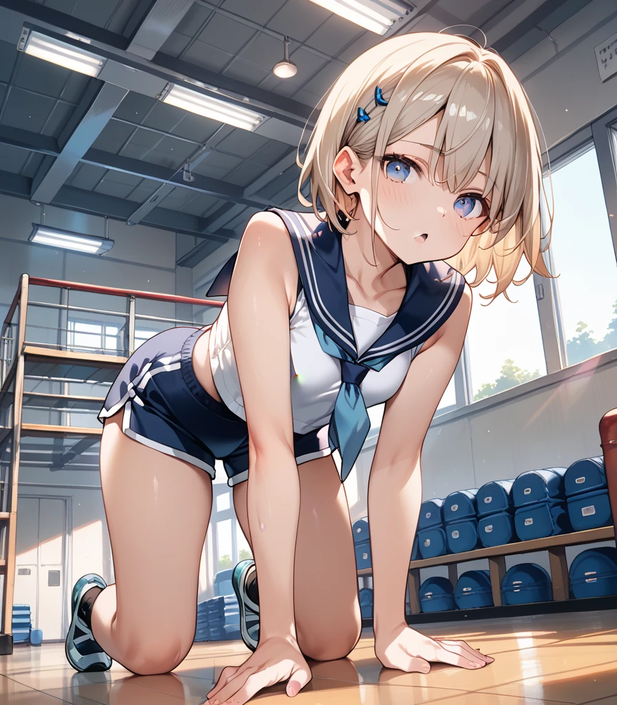 nsfw:1.5,(((Perfect Anatomy, Anatomically correct, Very detailedな肌))), 1 girl, Japanese, high School girl, Shiny skin, Observe the audience, ((Back view, From below)), Beautiful Hair, Beautiful Face, Beautiful details, (short hair:1.1, Bobcut:1.2), Dark blonde hair:1, blue eyes, Baby Face, Mole under the eye, Beautiful clavicle, Beautiful body, Beautiful breasts, Big Breasts:0.5, Beautiful thighs, Beautiful legs, Camel Toe, (((Blue Sleeveless Cheerleader:1.2))), ((Thigh-high boots)), Removable sleeve, Captivating thighs, ((Embarrassing, Scared, sad, tears, cry, Half-open mouth)), Are standing, (((Leaning forward), Take off, Raise one leg, Pull on white panties、Pulling down her panties)), (Beautiful views), summer, School, locker room, 8k, highest quality, Masterpiece​:1.2, Very detailed), (Realistic), Beautiful illustrations, Natural light, whole body,showing off nipples、Clothes are rolled up　