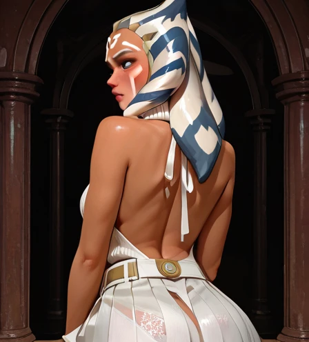 ahsoka tano, ((tentacle hair, glowing blue eyes, lipstick, makeup, narrow waist, skinny, medium breasts, alone, jewelry, earrings)), pelvic curtain, ((white dress, bare shoulders, cleavage, gloves)), full body, perfect body, (insanely detailed, beautiful detailed face, masterpiece, best quality) , (((solo))), (((1girl))), (((mature))), (extremely detailed 8k paper CG wall unit: 1.1), (wedding, castle, church, dusk), (smile face for the viewer), big ass, from back, behind
