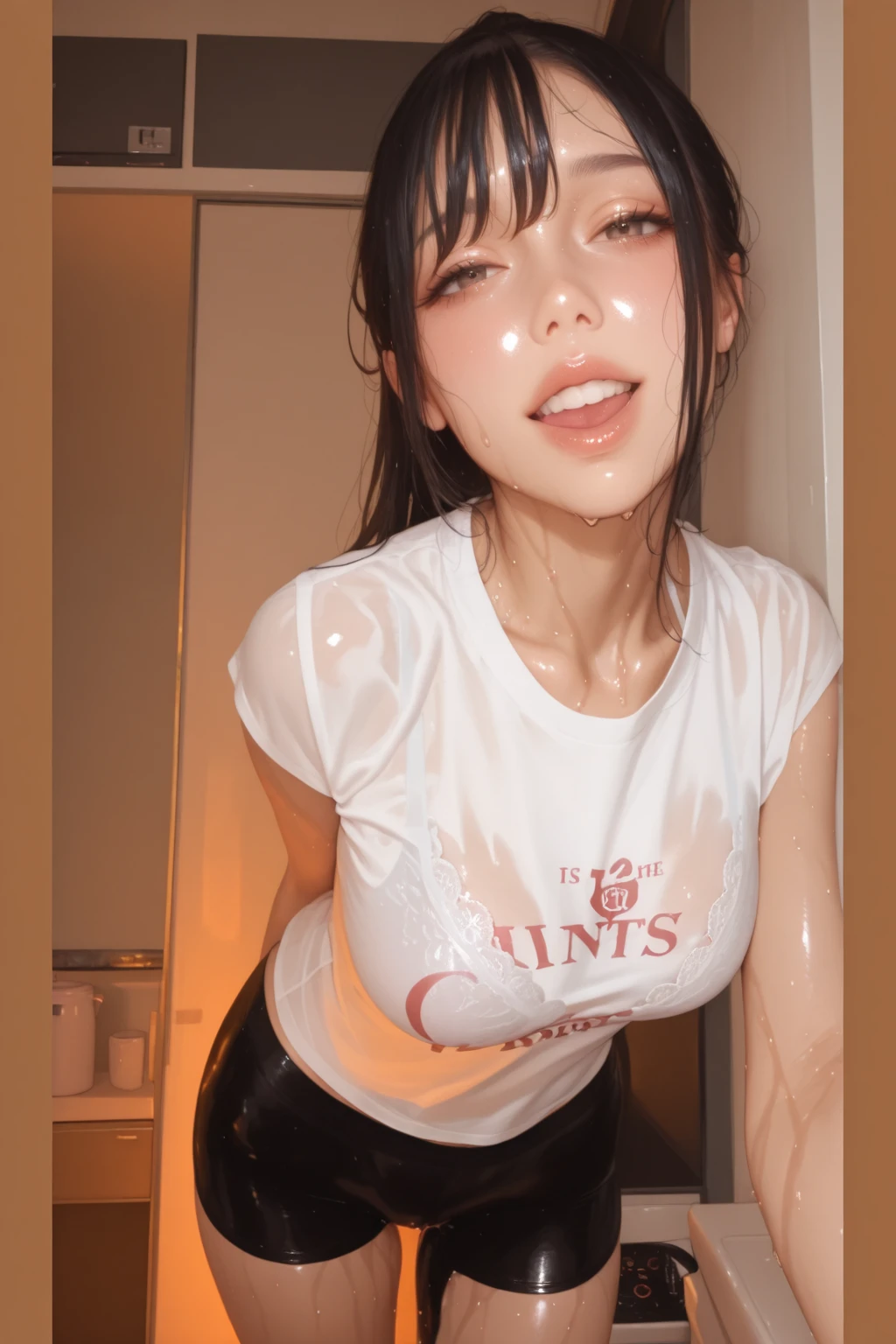 1girl in、25-years old、large boob、I can see the lower breasts、full body Esbian、A dark-haired、hotpants、pantiy、Beach、A slight smil、 ((The depiction of liquid semen being ejaculated from the penis is extremely realistic)))