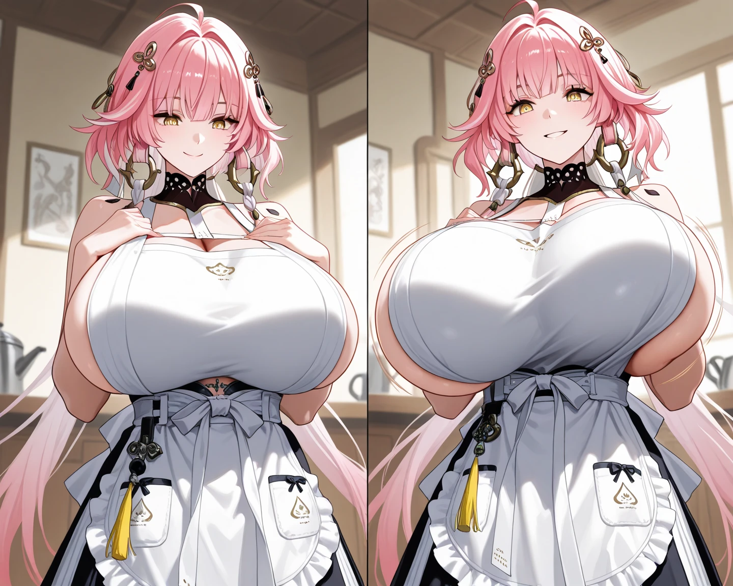 masterpiece,highest quality,(Super detailed),written boundary depth,perfect sentence, Detailed CG,Super detailed,(highly detailed eyes,very cute face,highly detailed face:1.3),beautiful anime girl,(solo girl:1.9),(super huge breasts:1.9),(pink hair,low twin tails:1.5),(light blue eyes:1.3),(smile full of joy:1.3),open your mouth,show viewer,break,(Japanese style maid,frilled kimono,ruffle apron:1.5),maid headdress,off shoulder,removable sleeve,bell ruffle sleeves,mini skirt,high socks,taisho roman,coffee shop,Kyoto background,Are standing,one hand raised,whole body
