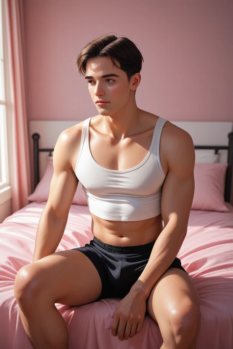 Masterpiece, best quality, super detailed, sfw, 1boy, an attractive 18 year old white boy laying in bed using laptop video call, looking at laptop screen, ((sweat)), topless, wearing tight underwear, big bulge , full body shot, side view, --auto --s2
