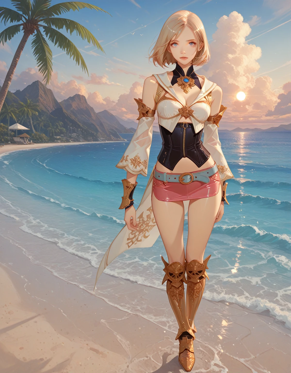 S-curve, s line, (cowboy shot, masutepiece, of the highest quality, Official art, Beautiful and aesthetic:1.2), ighly detailed, Colorful, highest details, Illustrations, Everyday scenery, 1girl in, Solo, (large boob, Final Fantasy 12, Ashelia, shorth hair, short-hair, Ashelia Costume, Red mini skirt, thighs thighs thighs thighs, Knee socks that cover up to the shin, jewely, Blue belt, Number on one of the belts), Medieval fantasy, smile, doyagao, move chart, anime, Best Quality