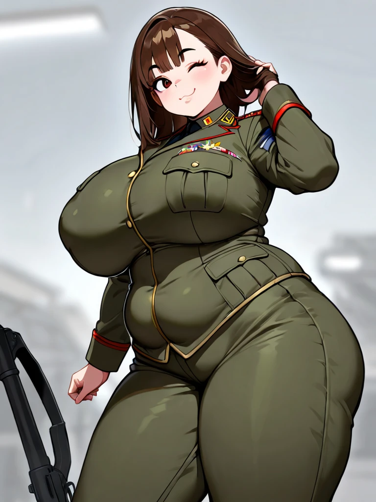 ((Finest quality)),(超A high resolution),(ultra-detailliert, detail face, detail eyes),(Meticulous portrayal),((Best CG)),(Finest works of art),Ultra-Precision Art, The art of astounding depiction, (Female Military Personnel:1.5),(A dark-haired, short-cut), green Tight military uniform, tight skirts, Black stockings, general hat, multiple medals,((chubby, big belly, massive belly, massive breast)), big ass, (((fart)))