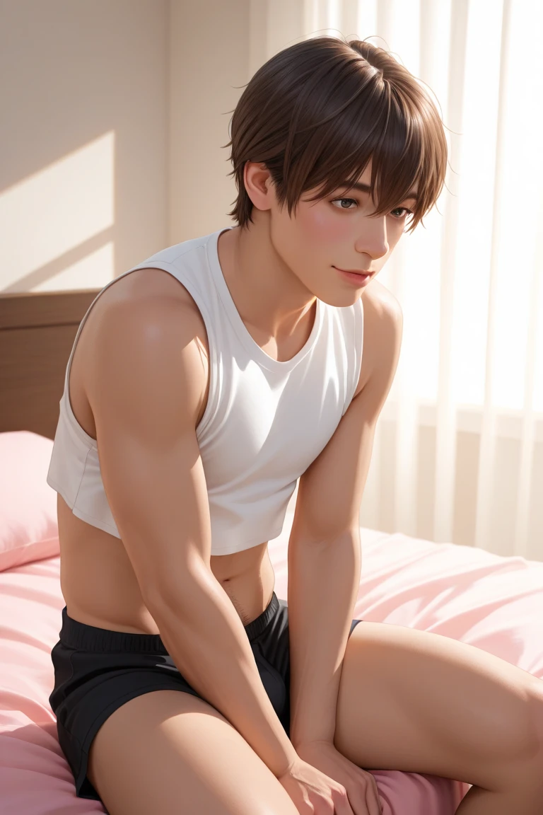 Japanese men、、Well-developed muscles and smooth skin、fluffy light brown hair、Thin Briefs、See your whole body from head to toe、Luxury hotel bed、A kind smile、Age 27