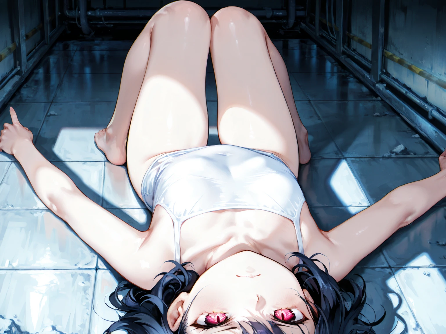 8k, beautiful eyes, beautiful body, Good anatomy, young girl, black hair with blue strands, blue eyes, full body view, 1-girl, Extremely detailed, bangs, short hair, breasts, barefoot, showing feet, looking_at_viewer, sexually suggestive, nude,naked, sitting, ((nsfw)), shy smile, sexy poses, long legs, armpits, ((from below))