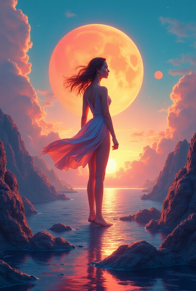 gigantic moon at the edge stars saturn behind it mountains of rocks . 3american women swimming in bikini long pink hair on spikes