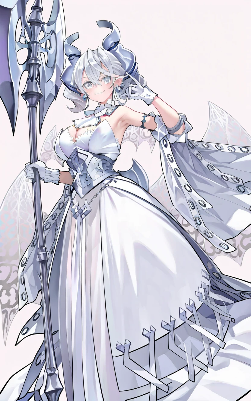 One girl, labrynth, Silver Hair, Grey Eyes, big breasts, horn, Cleavage, White Dress, white elbow gloves, silver castle, ivory, Exquisite, chandelier, blush, Nervous,Cowboy Shot, highest quality,((highest quality)),((Tabletop)),((Perfect Face)),1 girl,(Background Blur), ((Holographic)),1 girl,milky way, (stripes of light), Impressive visuals, (Dynamic Streaks, Path of Light:1.2), Bright colors,whole body,Dynamic pose,full body,(masterpiece:1.2, highest quality),(Colored Background) (Beautiful fine details: 1.2), (Very detailedな CG Unity 8k 壁紙, masterpiece, highest quality, Very detailed, Best Shadow), (Detailed Background)