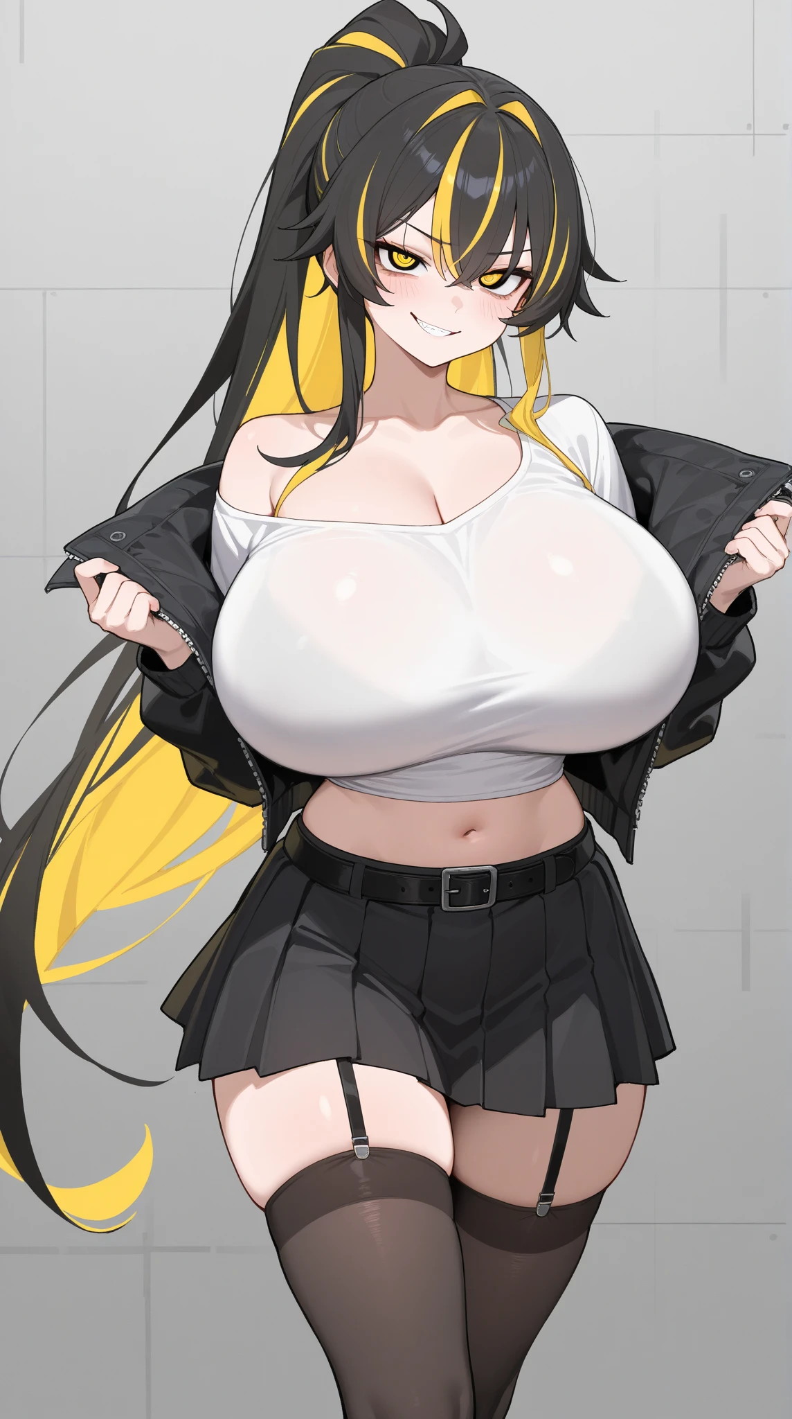 masterpiece, best quality, highres, hmnc1, animal ears, tail, shiny dark skin, (dark brown eyes: 1.5), huge breasts, multicolored hair, open jacket, white jacket, fishnets, belt, asymmetrical legwear, short shorts, midriff, white shorts, highleg panties, huge breasts, underboob, clothing cutout, cowboy shot, standing, outdoors, (blush:1.5), 