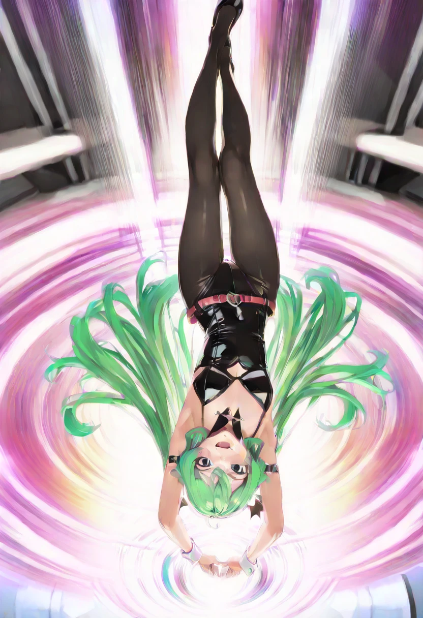 complex 3d render, ultra detailed, masterpiece, best quality, highres, hdr, perfect light, highly detailed face, (wide angle), highly detailed background, 1girl , solo, full body, rebecca \(cyberpunk\), long hair, (((mechanical eye, colored sclera, red sclera))), colored skin, white skin, leg tattoo, neck tattoo, green hair, long hair, small breasts, twin tails, school uniform, (((thighhighs))), fang, (((red pupils))), skin fang, (((red eyes))), <lora:rebecca_v1:0.6>, indoors, stripclub, on stage, stage lights, spotlight, looking at viewer, squatting, spread legs,