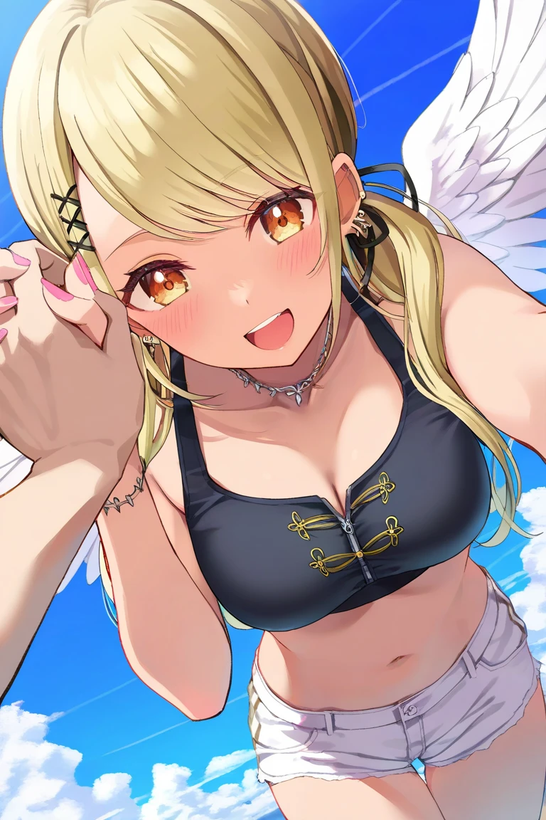best quality, masterpiece, highres, solo, {nagisa_bluearchive:1.15}, long_hair, halo, bangs, hair_ornament, hair_flower, flower, wings, hair_between_eyes, blush, yellow_eyes, feathered_wings, light_brown_hair, white_wings, braid, smile, brown_eyes, 1girl, blonde_hair, bra, breasts, cleavage, closed_eyes, closed_mouth, collarbone, hands_in_hair, simple_background, underwear, white_background, white_bra, angel_wings, armpits, medium_breasts, navel, panties, very_long_hair, underwear_only, upper_body, white_panties