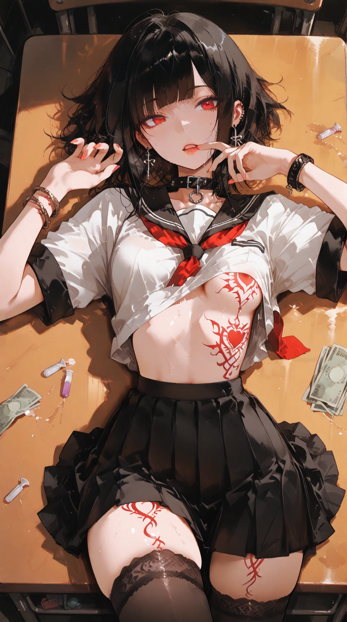 Mr. Takagi, black hair, long hair up to the waist, small ?????????, white ?????????, tense ?????????, ?????????, wet ?????????, small ???????, crying face, crying, drooling, scared, sitting on the floor, showing off with ??????, skin wet with sweat, ruins, ((a large amount of used condoms on the floor)), (chained, arms raised, folded behind the head)), minuscule sailor suit