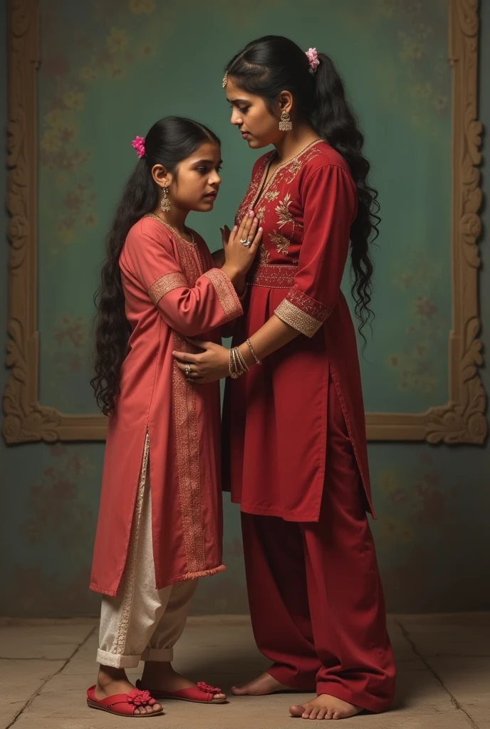 Beautiful and Slim sensual Indian woman in a dark pink silk saree lifting piggyback a large chubby man above her shoulders, man is sitting on woman's shoulders, in a dark room with high ceiling, natural smile, woman is looking into the camera , she is holding his hands, full body image 