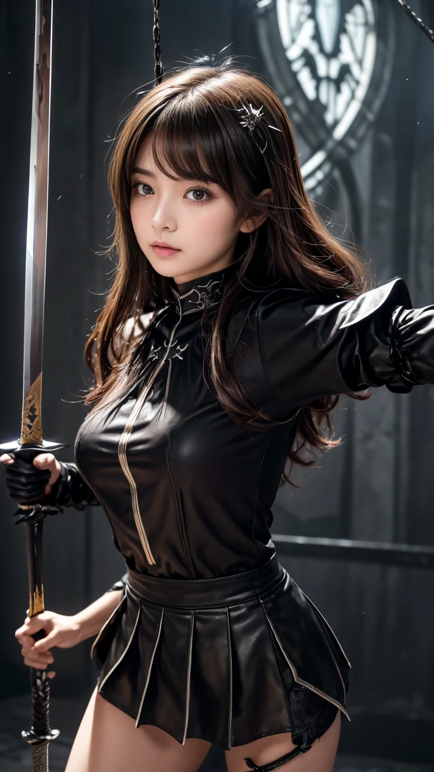 A beautiful black-haired woman transformed into Shinobu Kochou is standing with a sword