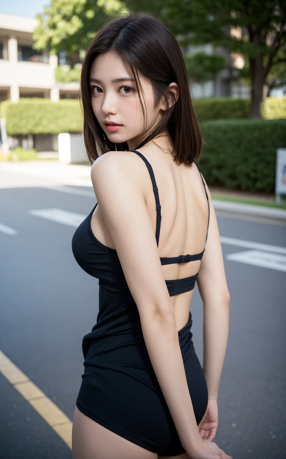 1 girl, Tokyo street, night, cityscape, city lights, upper body, close-up, smile, (8k, RAW photo, highest quality, masterpiece: 1.2), (realistic, photoreal: 1.37), micro mini skirt, muscular, squat, legs open towards front, hands in front of crotch posing