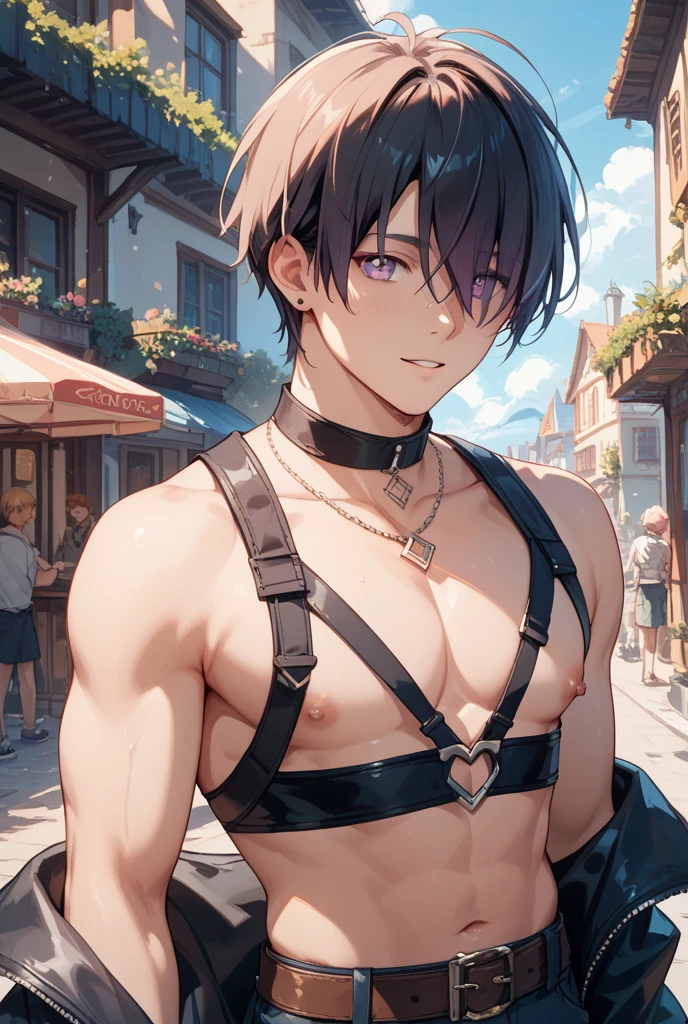 Very DIRTY, Black hair, showing off his hairy armpits, Big bulge, very hairy armpits, hairy pubic, hairy crotch, Cute handsome face, In the dirty alley, Zephyr stands bound, WEARING Tiny thong, his wrists encased in supple leather cuffs that accentuate the lines of his forearms. A bondage chest harness adorns his upper body, its intricate design revealing the play of shadows on the exposed skin of his chest. The ambient lighting casts a warm glow, creating an interplay of light and darkness. Zephyr's legs, enveloped in calf-to-thigh leather restraints, add a visual symmetry to the scene. The leather straps, secured with meticulous precision, enhance the aesthetic appeal of his bound form. The absence of a body panel in the chest harness exposes his torso, highlighting the vulnerability and sensuality of the moment. As Zephyr's hair falls slightly disheveled around his face, the room captures the scents of leather and anticipation. The alley becomes a canvas for the visual impact of restraint, each element contributing to the immersive experience. The intricate details of the bindings and the interplay of light create a visually compelling scene, ripe for exploration by an AI image generator. Both Arms behind back, handcuffed. Nipple clamps.