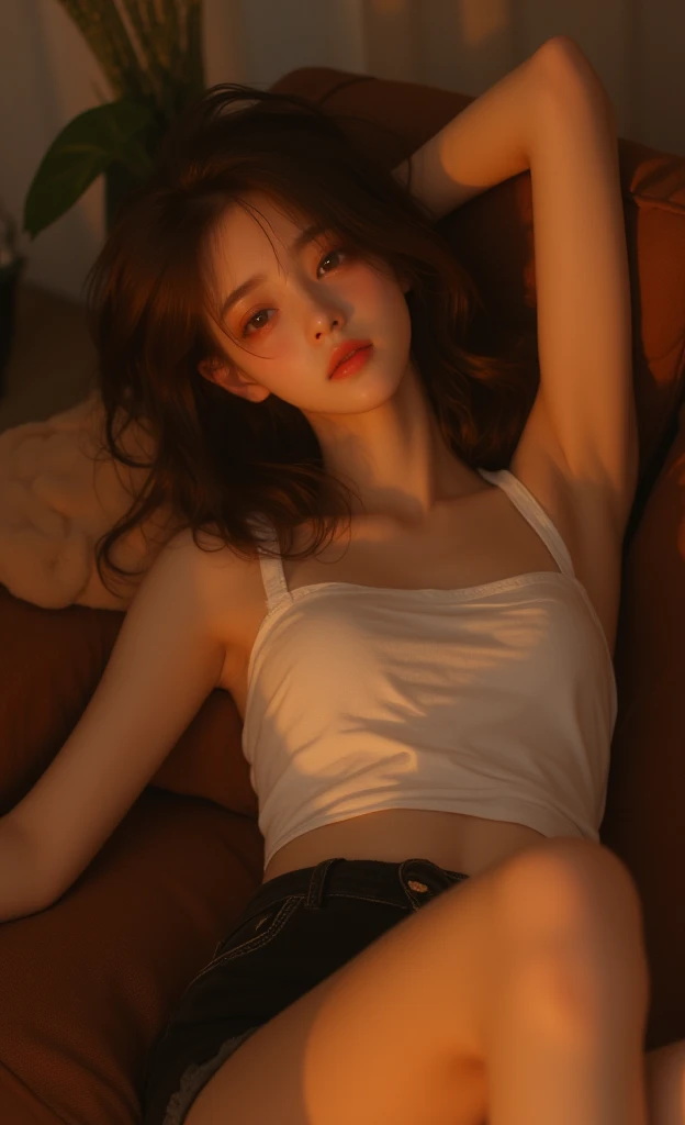 There was a woman lying cross-legged on the sofa, Sexy :8, Attractive pose, with backdrop of natural light, Gorgeous young Korean woman, hot with shining sun, photo of slim girl model, Korean girl, Choi Hyun-hwa, Beautiful young Korean woman, Shot on Canon EOS R 6, sexy body and sexy abdomen, with abs