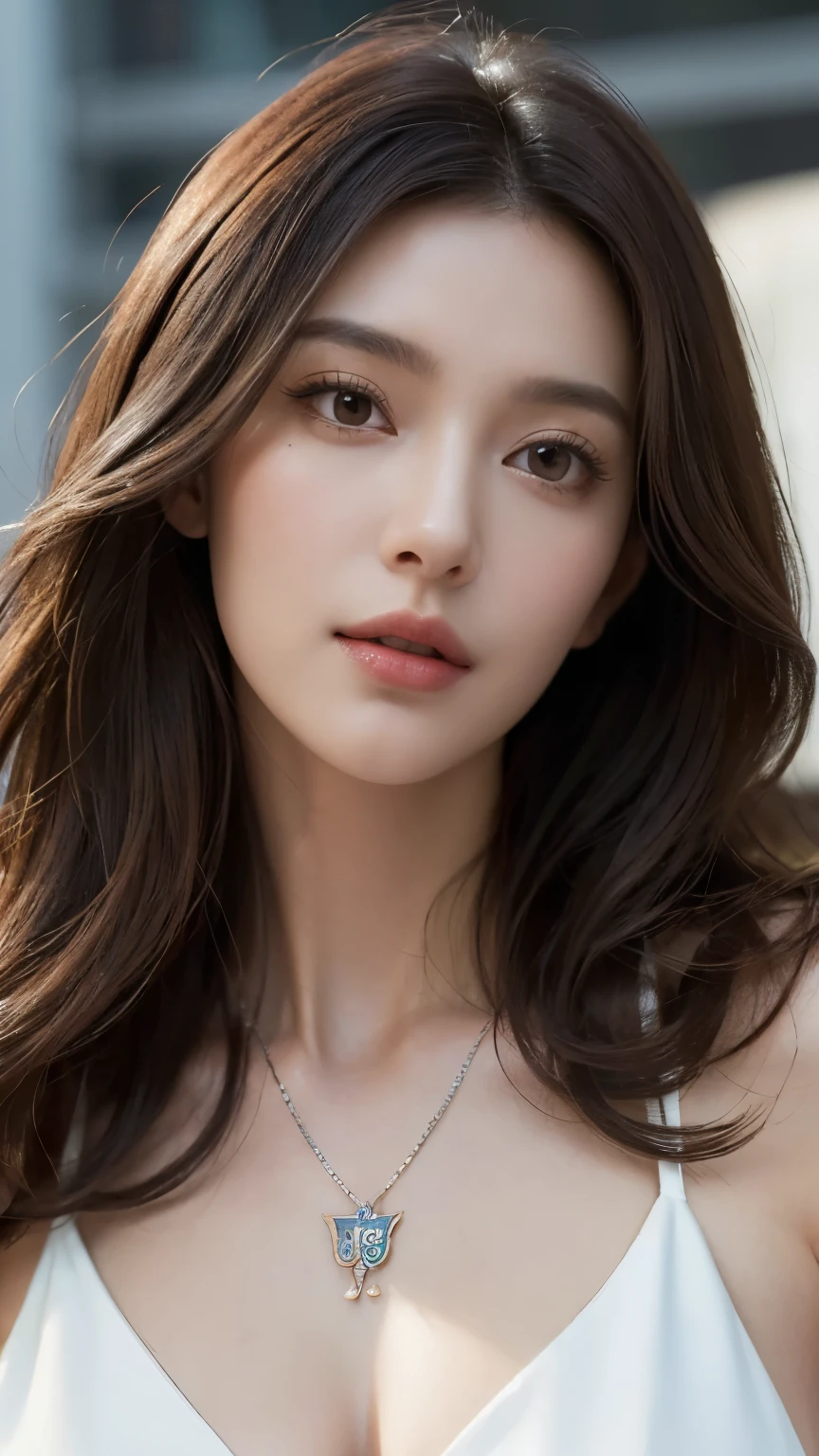 Photo of 25 year old European girl, RAW, beautiful woman, (brown hair with extra long wavy), ((portrait)), (Detailed face: 1.2)), (Detailed facial features)), (Fine skin), pale skin, high detail and deep cleavage body conhasmat suit, slim body, megacity environment, (cold color), wet, moist, reflection, (masterpiece) ( Perfect proportions) (realistic photos) (highest quality) (detail) shot with Canon EOS R5, 50mm lens, f/2.8, HDR, (8k) (wallpaper) (movie lighting) (dramatic lighting) (sharp focus) (complex) fashion