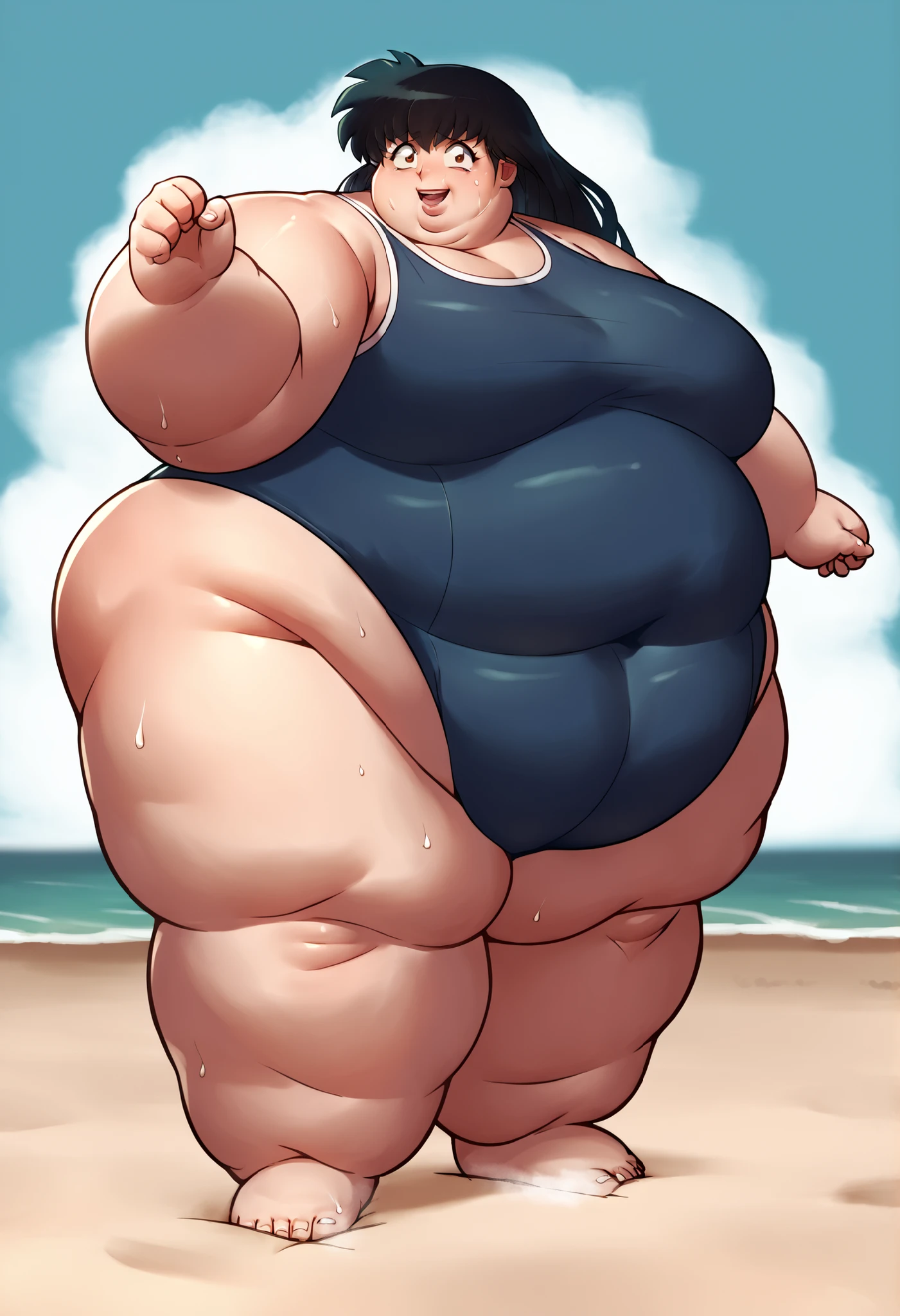score_9, score_8_up, score_7_up, score_6_up, score_5_up, score_4_up, BREAK, source_anime,
1girl, kagomehigurashi, bangs, black hair, long hair, brown eyes,
school swimsuit, one-piece swimsuit, open mouth, smile, happy, solo, looking at viewer, sea, sand, blue sky, tropical island background , giant hands, giant feet, fat, chubby, obese, gigantic arms and legs, gigantic breasts, sagging breasts, full body shot, fat face, chubby face, double chins, big lips, swollen lips, sweating, sweat stains, steam clouds, grease stains, flustered, swollen face, Fat_neck , Fat head , eyes with crushed cheeks , nose with crushed cheeks , mouth with crushed cheeks , chin roll