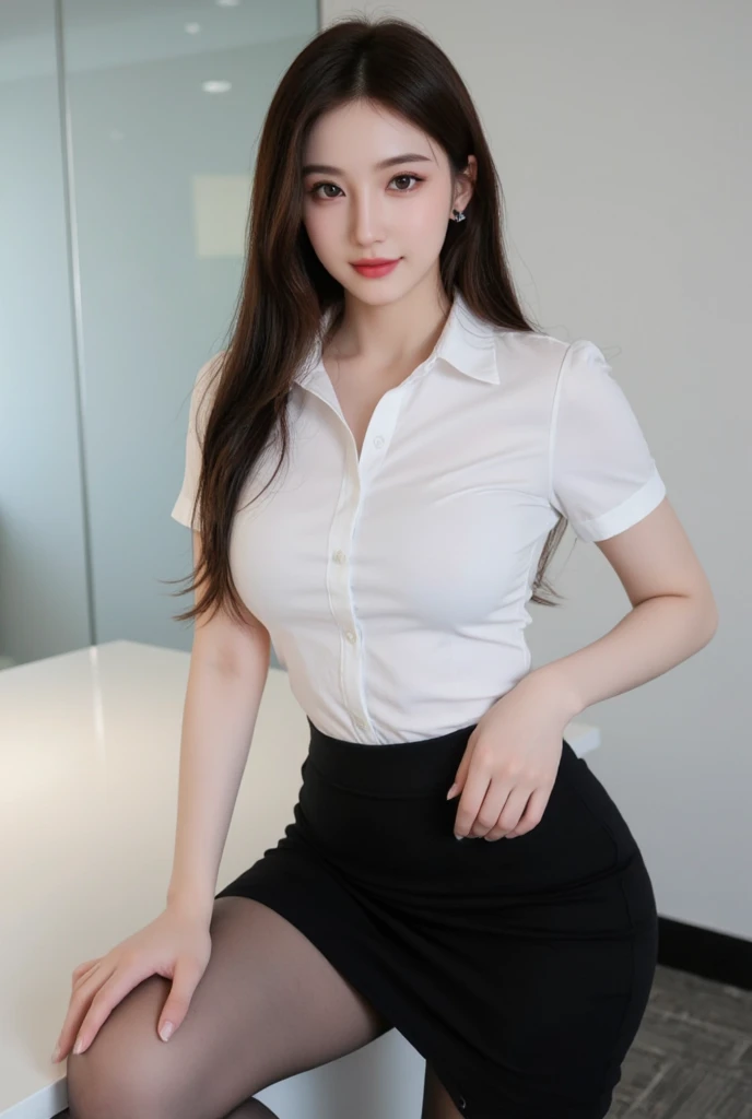 ((top-quality、8k、masterpiece:1.3))、Beautiful woman with perfect body:1.4、slim abdomen:1.2、Longhair, normal breast, Highly detailed facial and skin texture, A detailed eye, (smile), (full body shot), ((office background)), (sitting on chair), (((wearing office uniform)), looking in front