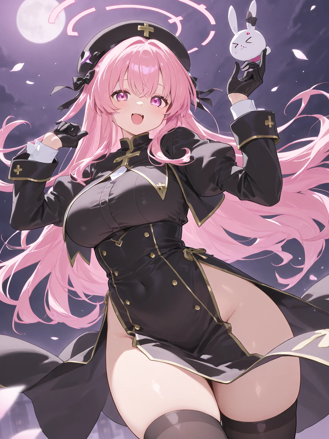 character sheet, Highly detailed and realistic CG, Colorful, Masterpiece, Best Quality, jewel-like eyes, 1girl, solo, pink hair, shiny hair, very long twintails, slender, skinny legs, black magicalgirl costume, layered skirt, luxury boots, black eyes, big boobs, sagging breasts, cleavage, hand on headwear, smile, jitome, half-closed eyes, standing, contrapposto, tsurime, monochrome background, white gloves, open mouth, pov, best quality eyes, stylish pose,