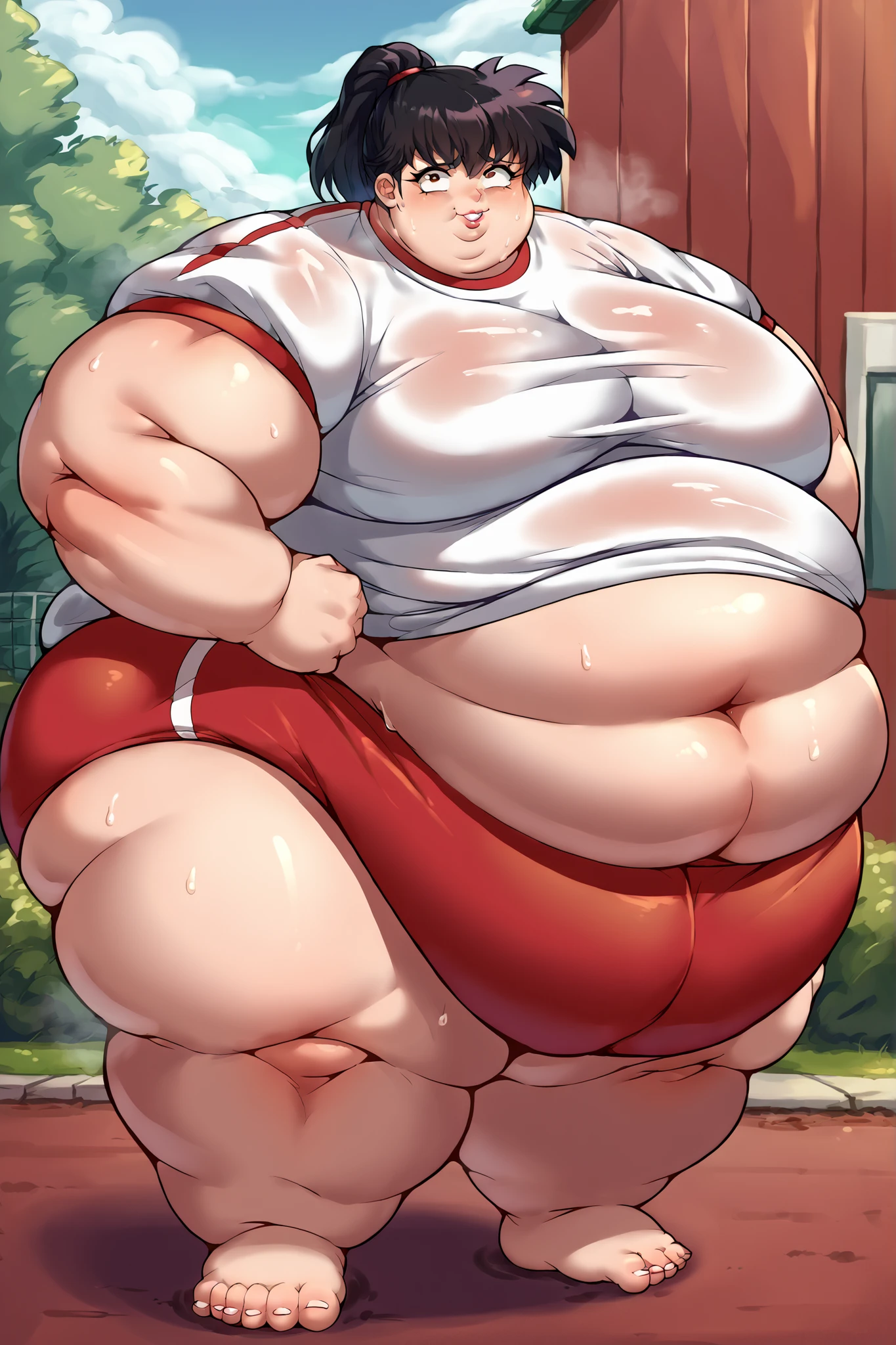 score_9, score_8_up, score_7_up, score_6_up, score_5_up, score_4_up, BREAK, source_anime, 1girl, kagomehigurashi, bangs, black hair, ponytail, brown eyes, gym uniform, white shirt, red buruma, hands on hips, smile, solo, looking at viewer, outdoors, park background, giant hands, giant feet, fat, chubby, obese, gigantic arms and legs, gigantic breasts, sagging breasts, full body shot, fat face, chubby face, double chins, big lips, swollen lips, sweating, sweat stains, steam clouds, grease stains, flustered, swollen face, Fat_neck , Fat head , eyes with crushed cheeks , nose with crushed cheeks , mouth with crushed cheeks , chin roll,
