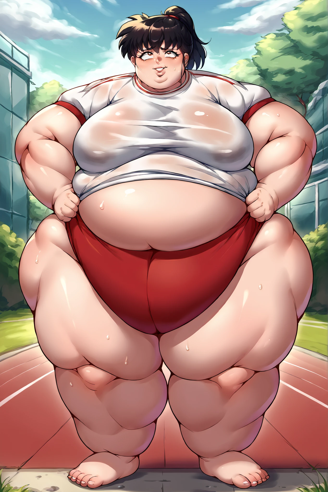 score_9, score_8_up, score_7_up, score_6_up, score_5_up, score_4_up, BREAK, source_anime, 1girl, kagomehigurashi, bangs, black hair, ponytail, brown eyes, gym uniform, white shirt, red buruma, hands on hips, smile, solo, looking at viewer, outdoors, park background, giant hands, giant feet, fat, chubby, obese, gigantic arms and legs, gigantic breasts, sagging breasts, full body shot, fat face, chubby face, double chins, big lips, swollen lips, sweating, sweat stains, steam clouds, grease stains, flustered, swollen face, Fat_neck , Fat head , eyes with crushed cheeks , nose with crushed cheeks , mouth with crushed cheeks , chin roll,