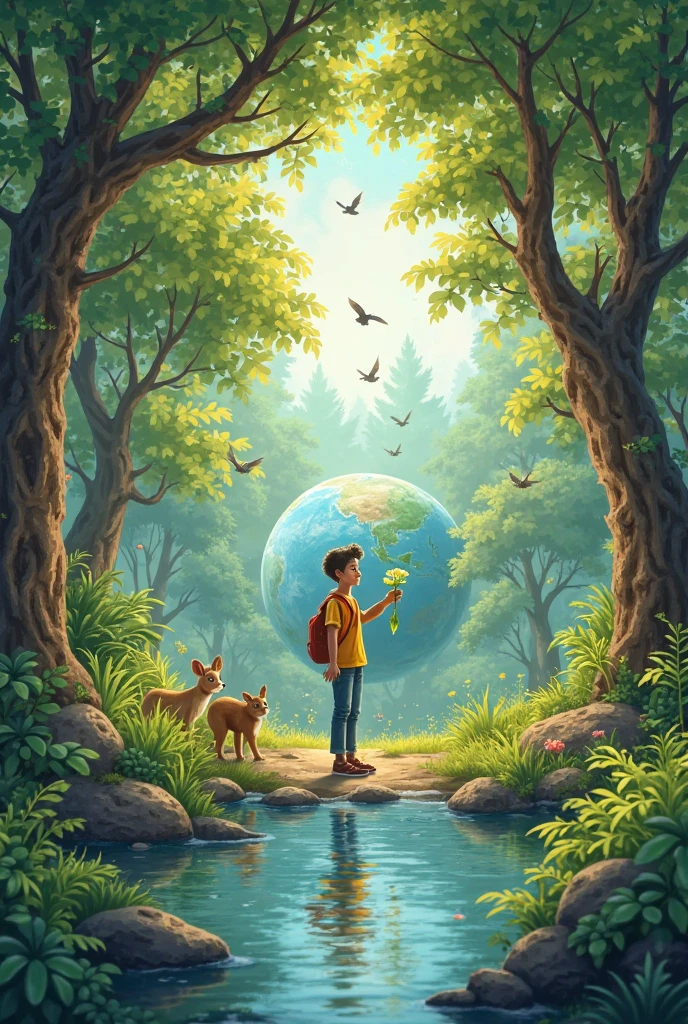 There was a boy sitting on a stone，holding a book in his hands, A beautiful artwork illustration, childrens art in artstation, concept art of single boy, with earth, enviromental portrait, the little prince, Cute detailed digital art, Beautiful digital illustration, lovely digital painting, full-colour illustration, planet overgrown, stunning digital illustration, Mother Earth