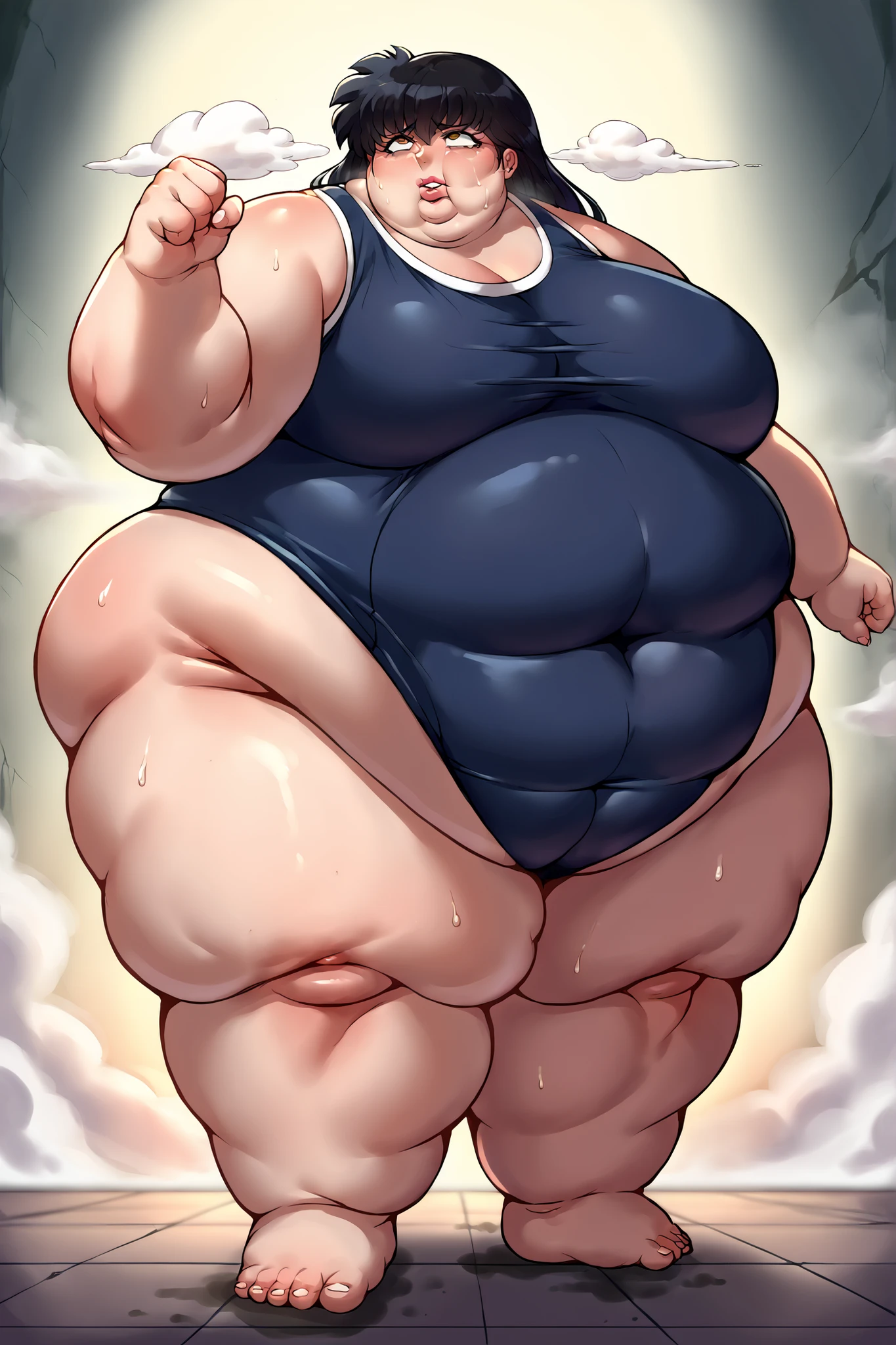 score_9, score_8_up, score_7_up, score_6_up, score_5_up, score_4_up, BREAK, source_anime, 1girl, kagomehigurashi, bangs, black hair, long hair, brown eyes, school swimsuit, one-piece swimsuit, giant hands, giant feet, fat, chubby, obese, gigantic arms and legs, gigantic breasts, sagging breasts, full body shot, fat face, chubby face, double chins, big lips, swollen lips, sweating, sweat stains, steam clouds, grease stains, flustered, swollen face, Fat_neck , Fat head , eyes with crushed cheeks , nose with crushed cheeks , mouth with crushed cheeks , chin roll,