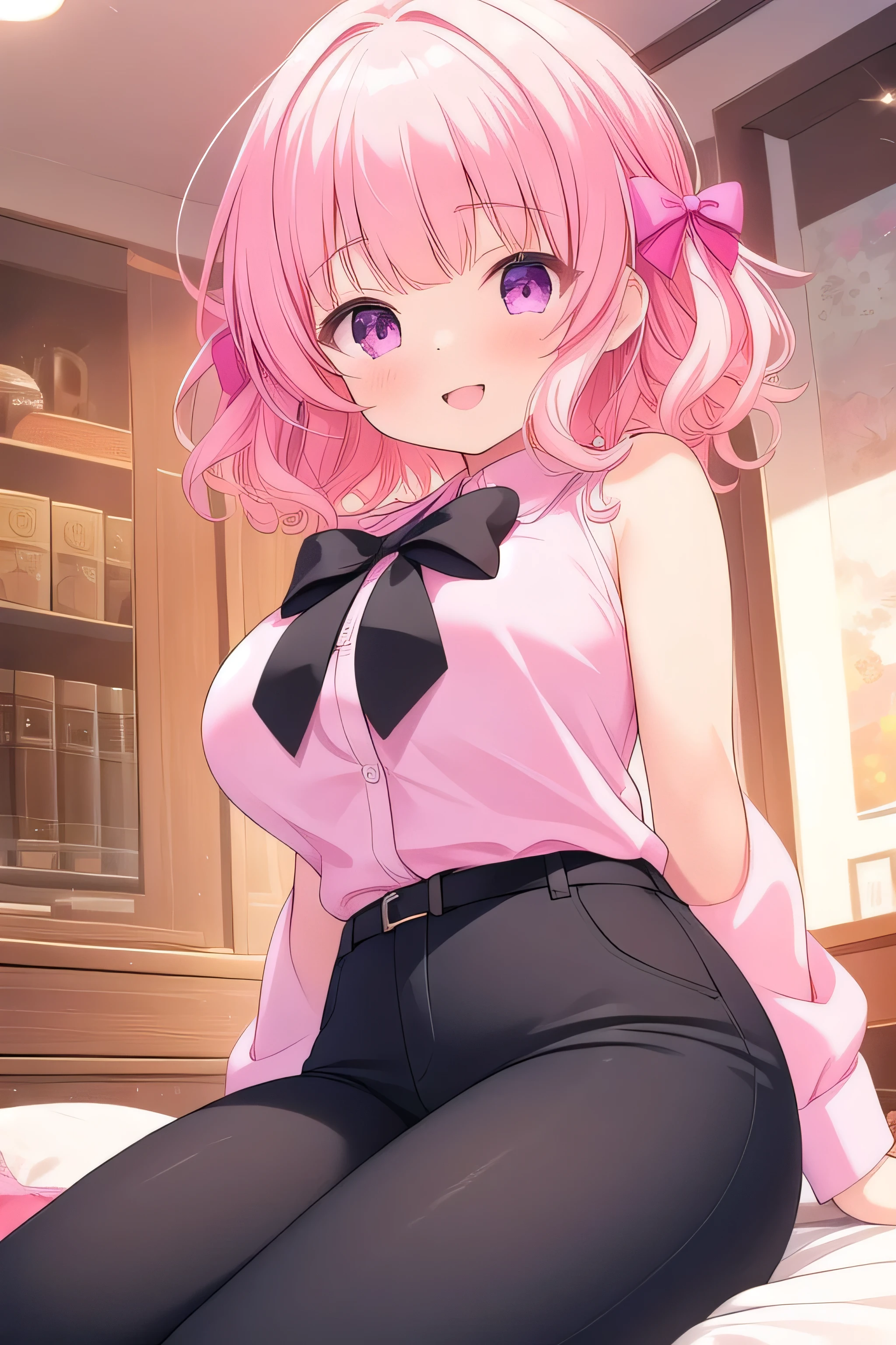 (masterpiece, best quality), highly detailed background, perfect lightingbest quality, nittamoeka, solo, indoors, pink hair, hair bow, pink bow, curly hair, short hair, purple eyes, pink eyes, large breasts, wear cop detective clothes, black pants, sexy, smile, pink lips, tall adults, beautiful, fully shoulders, open mouth, on store, lay down,