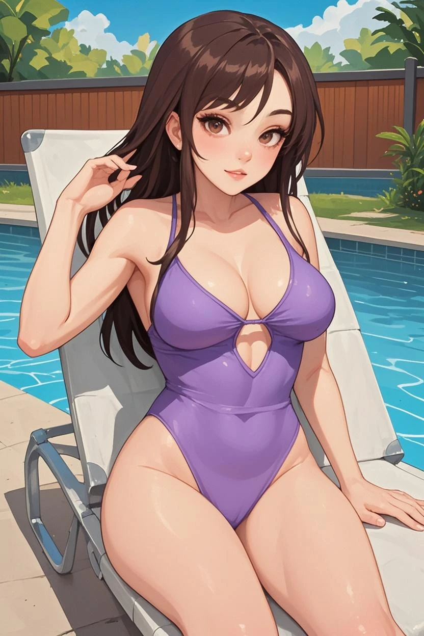 Full shot,dream girl stripper-pole-ific breast eyecolor sapphire long wavy brown hair fluffy eyelashes oval face endomorphic physique graceful with long graceful legs dressed in a lacey and translucent katsuit standing in front of a private club with a water slide and beach chairs by the pool where every table has nice drinks, High definition,skin pores,best skintone,glossy skin,sharp focus,backlighting highlights the girl's contours forming a light outline,soft foreground light,soft shadows,Hasselblad 500C Camera ƒ4 ISO 100 telephoto lens,trending on CGSociety,style by Roberto Valenzuela --auto --s2