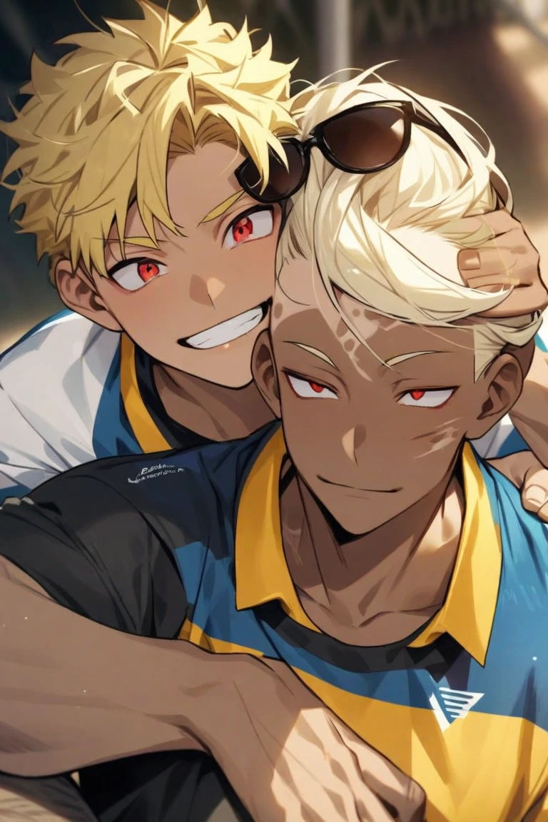 A twink male villagers hug a tanned male bushman