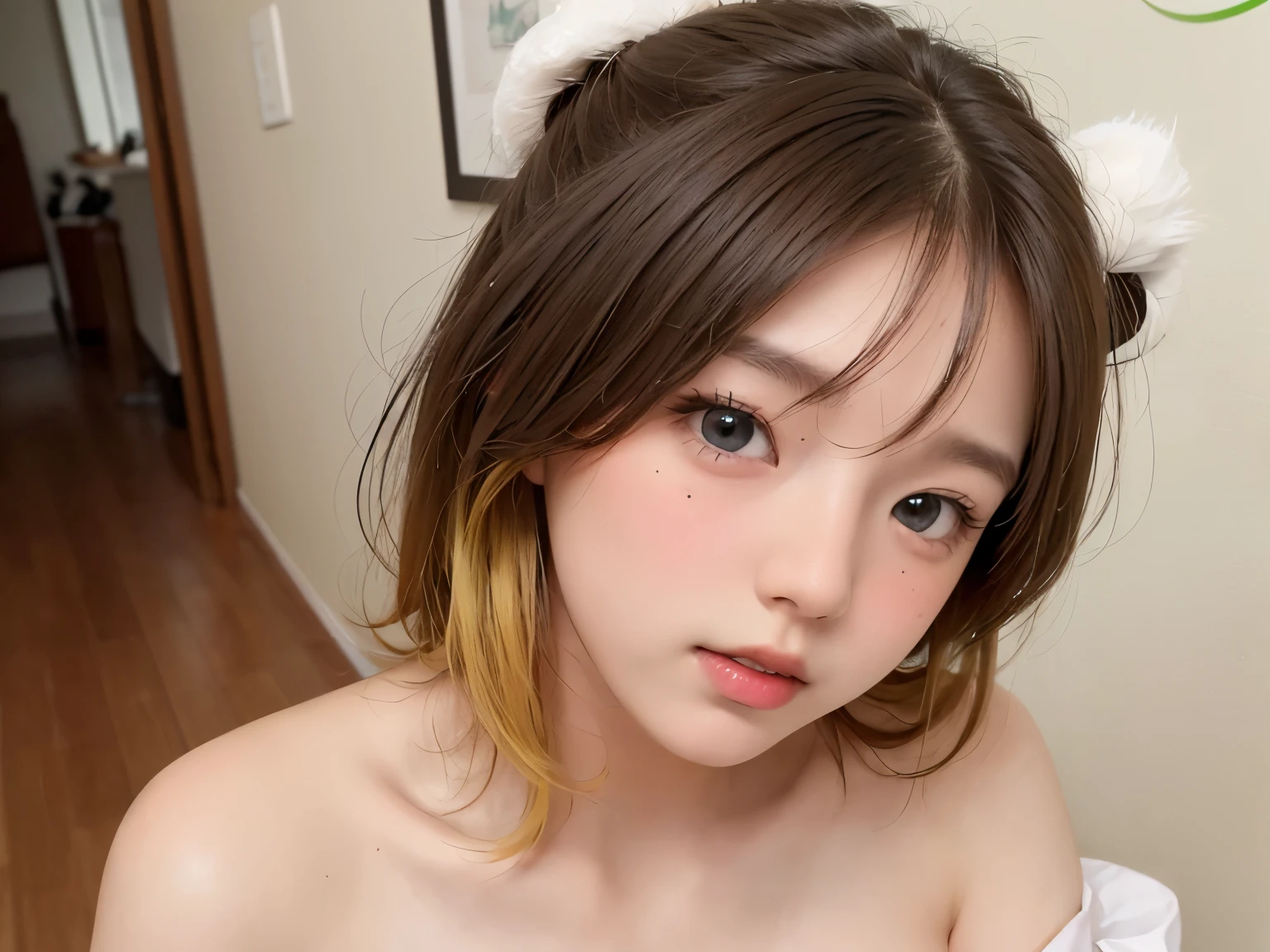 absurdres, (masterpiece, best quality), (ultra-detailed), extremely detailed,super high resolution, (Top Quality photorealistic Illustration), (Super Definition), (best quality,masterpiece:1.0),(cute illustration:1.3), (high Saturation:1.2), highres, ultra-detailed, 32k,8k resolution, intricate details, cinematic scene, detailed background, Soar (High chroma),(Sparkling),bathroom, BREAK (1 girl) (round face:1.6), (kawaii:1.6), (cute:1.6), Beautiful and delicate eyes, Delicate and beautiful face, Facial accents, Perfect figure,(completely ????:1.6), (show off ???????:1.6), (exposing ???? ???????:1.3), (exposed ?????:1.3), (??????:1.3),(flat ?????:1.6), (small ???????:1.2), (small ???????:1.2),Uniforms、bright expression、twintails、Young shiny shiny white shiny skin、Best Looks、Natural black hair with dazzling highlights, shiny light hair, silky straight hair、Beautiful bangs that shine、Double eyelids、eye liner、Glowing crystal clear attractive big brown eyes、Very beautiful nice cute 14 year old Nordic girl、