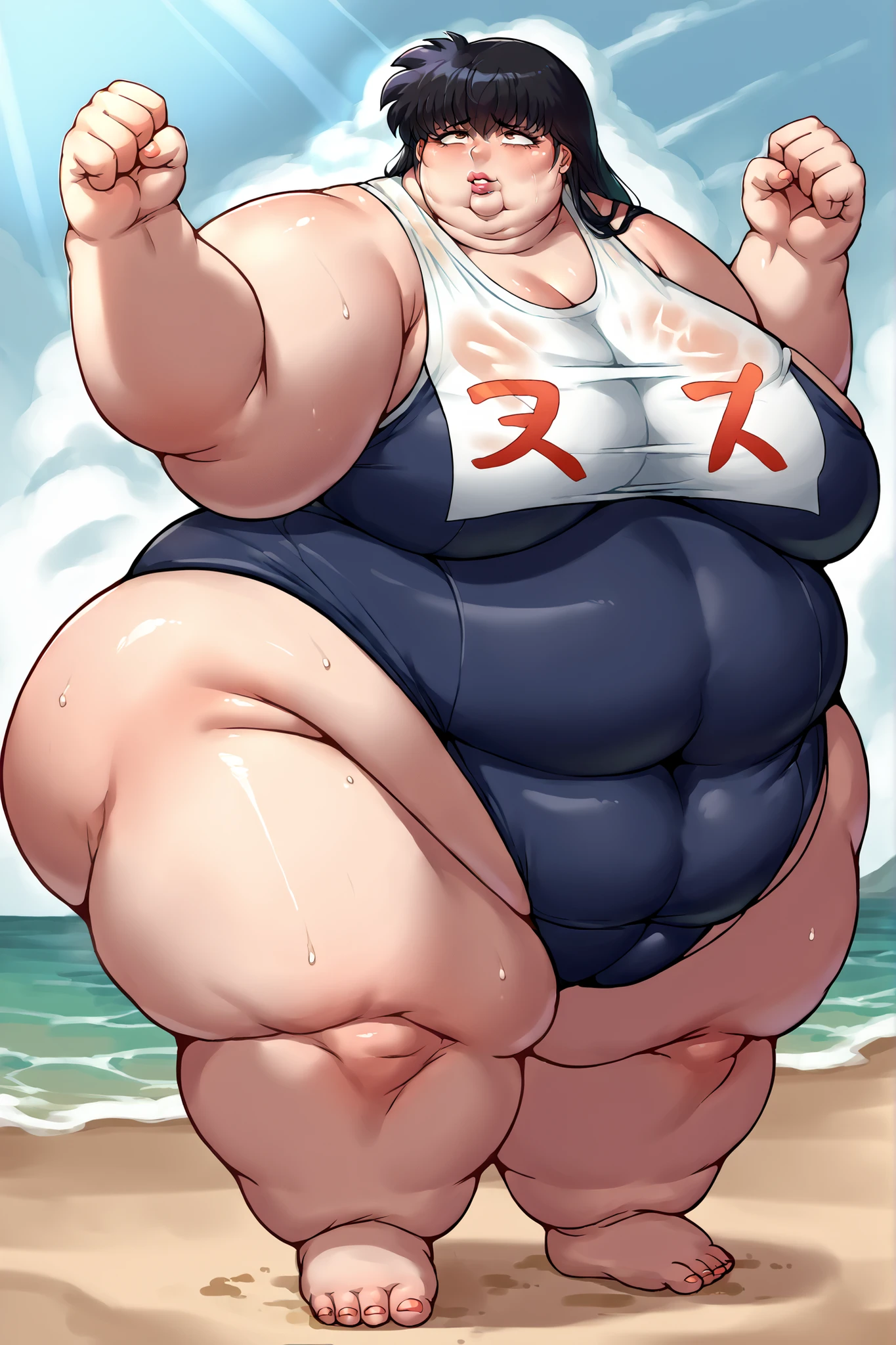 score_9, score_8_up, score_7_up, score_6_up, score_5_up, score_4_up, BREAK, source_anime, 1girl, kagomehigurashi, bangs, black hair, long hair, brown eyes, school swimsuit, one-piece swimsuit, giant hands, giant feet, fat, chubby, obese, gigantic arms and legs, gigantic breasts, sagging breasts, full body shot, fat face, chubby face, double chins, big lips, swollen lips, sweating, sweat stains, steam clouds, grease stains, flustered, swollen face, Fat_neck , Fat head , eyes with crushed cheeks , nose with crushed cheeks , mouth with crushed cheeks , chin roll, beach, in the water, wet