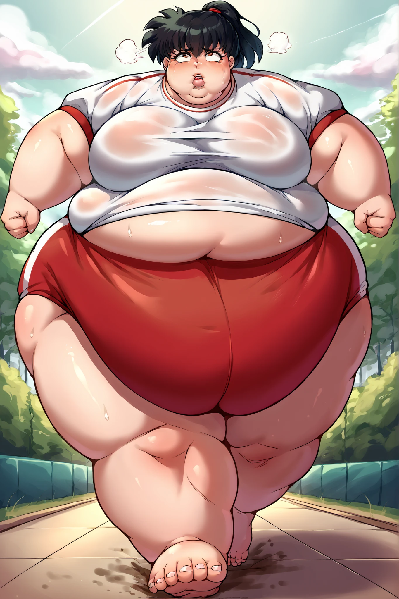 score_9, score_8_up, score_7_up, score_6_up, score_5_up, score_4_up, BREAK, source_anime, 1girl, kagomehigurashi, bangs, black hair, ponytail, brown eyes, gym uniform, white shirt, red buruma, solo, looking at viewer, outdoors, park background, giant hands, giant feet, fat, chubby, obese, gigantic arms and legs, gigantic breasts, sagging breasts, full body shot, fat face, chubby face, double chins, big lips, swollen lips, sweating, sweat stains, steam clouds, grease stains, flustered, swollen face, Fat_neck , Fat head , eyes with crushed cheeks , nose with crushed cheeks , mouth with crushed cheeks , chin roll, running, jogging, exhausted, out of breath