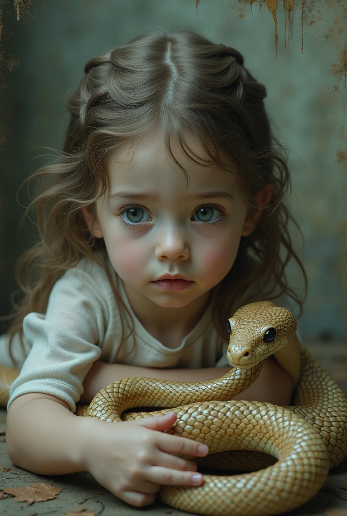 A little blonde girl，Entangled in a huge python，Facing the viewer，unexpressive，Monochrome gray and dark，The background is a gray forest，What a portrait，Bokeh --auto