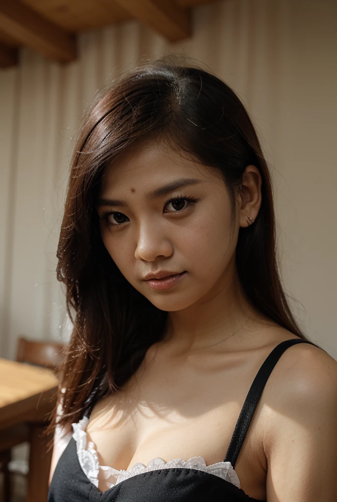 Surrealist photo waist up portrait of a 22 year old brunette Asian Indian girl wearing hot dessus, very high detail, intricate skin details, Intricate, beautidful eyes, D-cups, , Sexy, stairways, Room, Car, , Professional lighting, High definition, 8K, Studio light, Dynamic pose, twisted, camera from below, Pentax camera ultra-wide angle, sport, Lifelike, looking at the camera in, Bokeh, Braid
