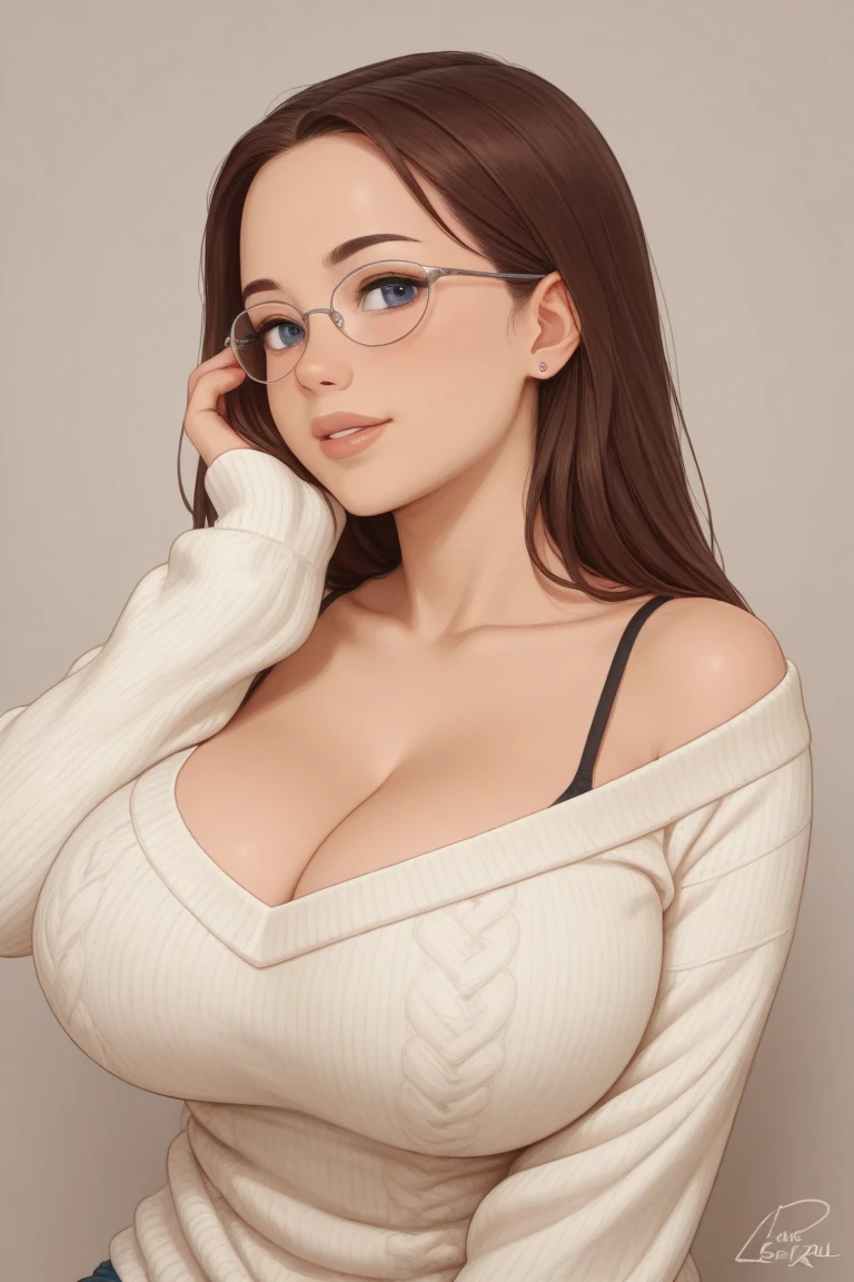 lucy pinder, face portrait, smiling, black hair, glasses, cream sweater, pink lipstick.So full and tight huge breasts topless.