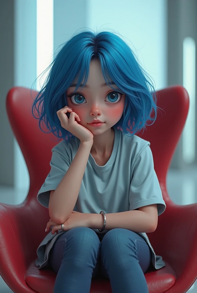 (Raw foto, Best quality, Masterpiece x1.2), (Lifelike, Photo realistic x1.4), (Masterpiece x1.4), (Best quality x1.4), 1 girl, solo, Showing a frightened expression, Blue hair, blue sweater, Denim pants, crouching behind the door, protruding his head to look out, Serious expression, (Shiny skin), realperson