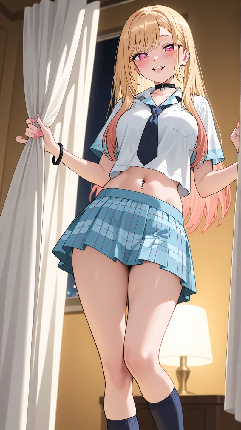 Golden Hair、(Degree of brown eyes:1.5)、One side up、ヘアribbon、ribbon、length、Rip off your blazer、Blue Skirt、Jacket、Pleated skirt、、Summer clothes、break (masterpiece:1.2)、Highest quality、High resolution、unity 8k wallpaper、(Awareness-raising:0.8)、(Beautiful and fine details:1.6)、Highly detailed face、Perfect lighting、Extremely detailed CG、 (Perfect hands、Perfect Anatomy)、Look at the viewers、blush、Laughter、take a selfie in front of the mirror、Stand in front of a mirror、Lift up your skirt with your hands、 (Mr.々Patterned panties:1.3)、(Roll-up skirt:1.3)、(Full-fledged panties:1.5),(Show me your ass:1.3)