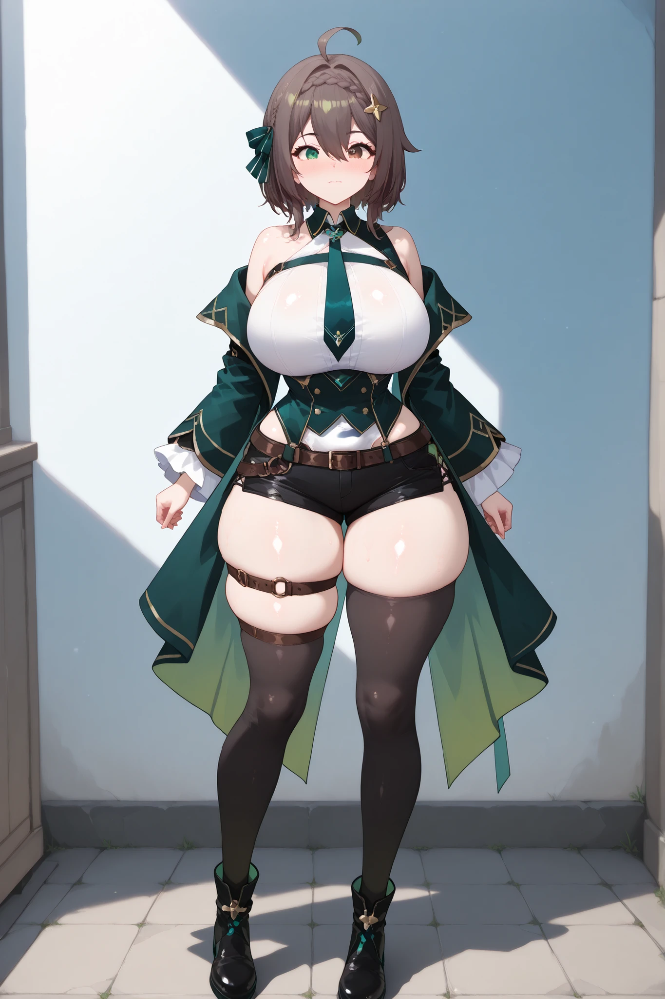 Solo, Meica05, big breasts, small waist, wide hips, big ass, heterochromia, green eyes, (brown eye), brown hair, short hair, hair ornament, hair between eyes, braid, ahoge, ribbon hair, green ribbon, green necktie, off shoulder, green dress, long sleeves, black shorts, short shorts, black thighhighs, thigh strap, black shoes