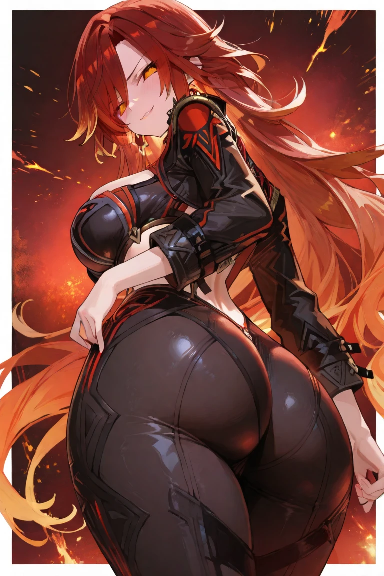 Height: 4'9" Gender: Female Skin Color: Porcelain Eye Color: cobre/Gold Hair Color: Dark Red Hair Style: Long hair loose or down Body type: Endomorph Scar: Cut marks on the back, cut from right shoulder to left hip. tattoo's: Right arm is sleeve, ambos os ombros têm tattoo's de rosas, a black rose on the right thigh, black smoke swirls down the leg, her upper back has a large and intricate piece Piercings: Both ears have Daiths, right ear has industrial, and studs up to the ear, and your language. vestimentas: leather pants, tight black, long red coat with black coat of arms on the back. The coat of arms resembles that of a sacred flame.(Artwork, Maximum quality, best quality, offcial art, appealing, Cosmic, atmospheric, psychedelic, dreamlike and aesthetic:1.2), (1 girl, blonde punk rock mohawk hair, toneladas de tattoo's e piercings, accentuated super huge enormously gigantic , cleavage showing, full - length portrait), extremely detaild,(Fractal Art, Camera view from behind:1.3),fullcolor,More Detailed, cherry blossoms and butterflies blowing in the wind
