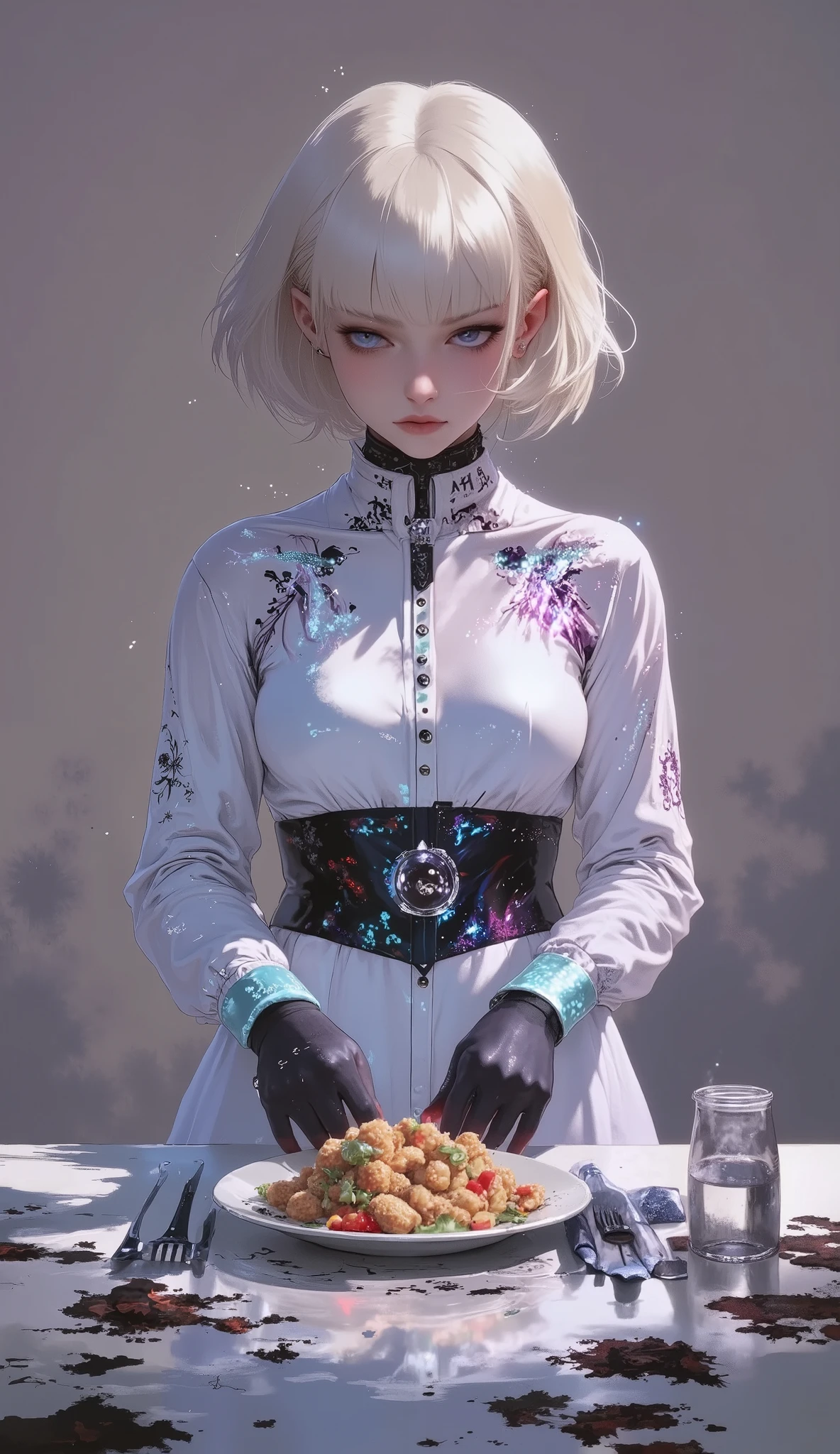 (super flat, flat fill , flat-colors:1.1), (magazine cover), Illustrations , (Beautiful platinum blonde hair, short-haired, High school student), realistic, фотоrealistic, highly detailed, 4K, HDR, physical-based visualization, studio lighting, rich colors, hips, cat girl cooks dinner in the kitchen