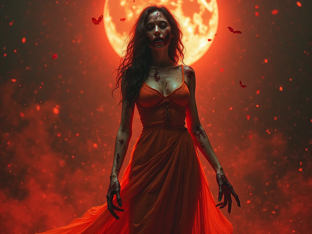 A red necromancer, blood moon, ray tracing, masterpiece, best quality, ultra quality, absurd details, best light, best shadow, sharp, sharp image, detailed, extremely detailed, great resolution, 8k, 4k, uhd, particle effects, beautiful effects, vivid colors, neon light, neon, light, barely naked, long red dress, nipples out 