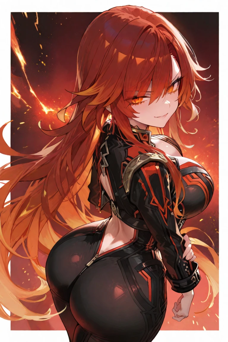 Adult woman, long red curly hair, Heterochromia, red and yellow eyes, fox ears and tails, Superhero Uniform Red, open thighs, fire, Masterpiece, hiquality