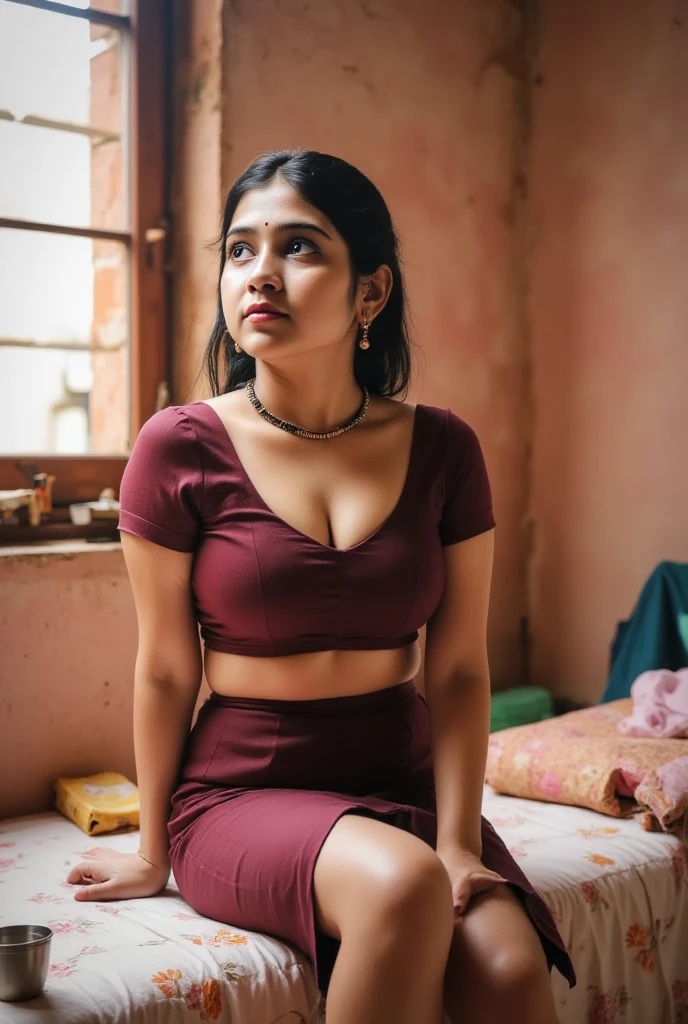 A young chubby Indian girl with short red hair and fair complexion and big eyes in pain
