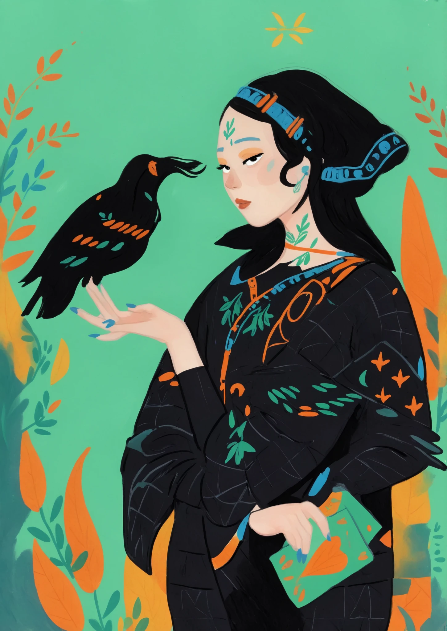 1girl, 2d art, flat colors, full body portrait, black clothes, dynamic poses, simple black eyes, gouache texture, full body portrait, gouache painting, vibrant colors, chiseled features, thick gouache render, novuschroma57 style cartoon, in gougoupaintleaves, FRESHIDEAS Illustration No. 12, Illustration No. 8